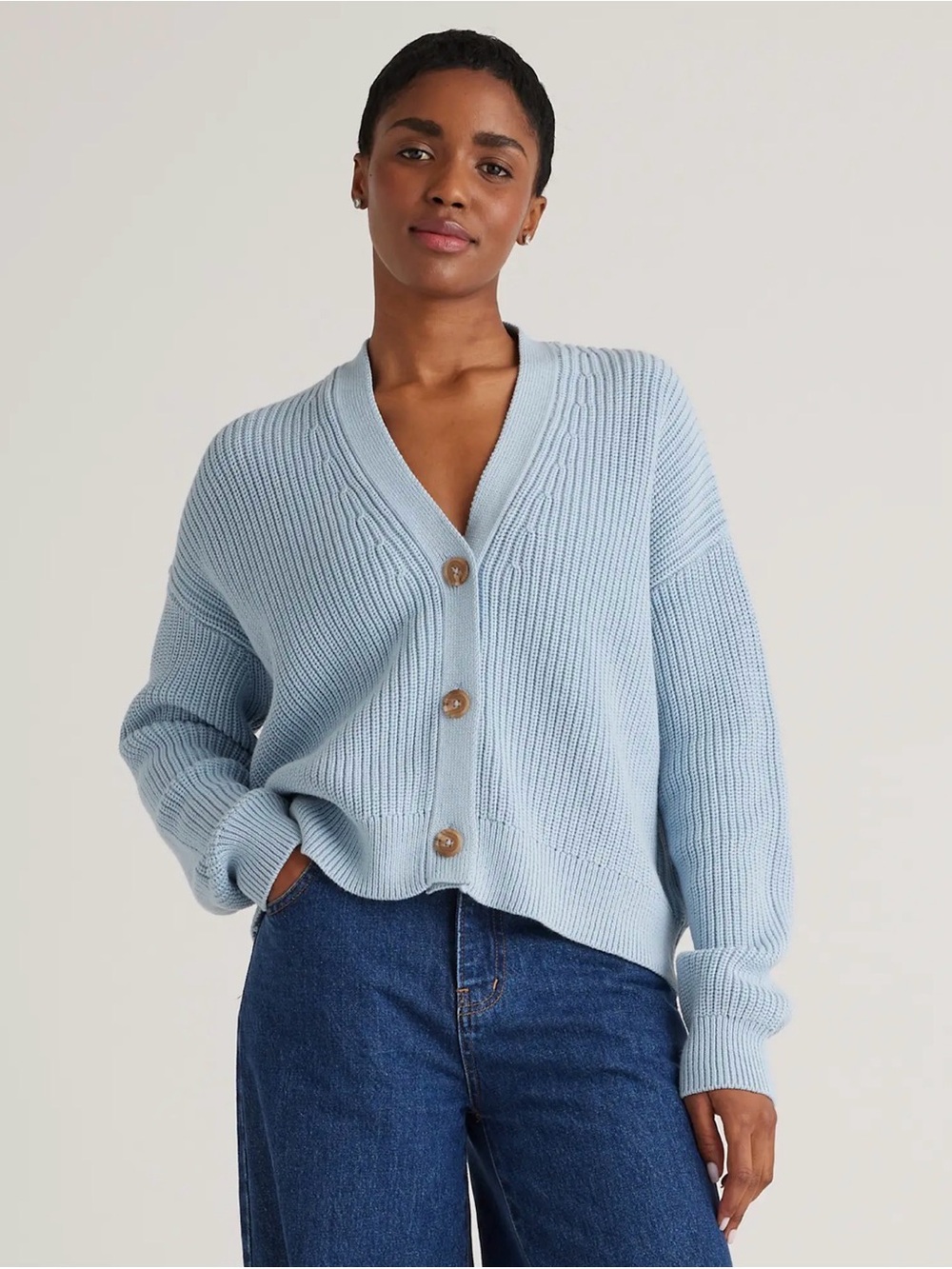Quince Women’s 100% Organic Cotton Fisherman Boxy Cropped Cardigan Sky Blue XS